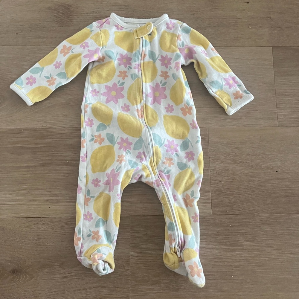 Baby Footed One-Piece with Yellow Lemon & Pink Flower Print